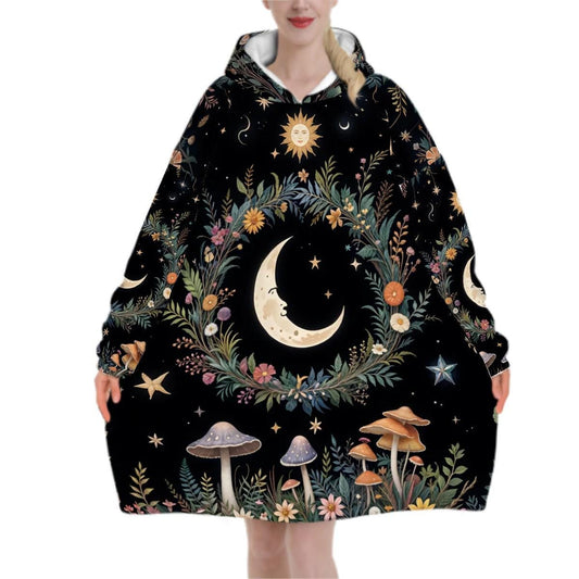 Mystical Moon Mushroom Blanket Hoodie, Witchy Black Wildflower Hooded Jumper