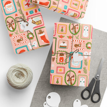Pink Vintage Christmas Gift Wrapping Paper |  Retro Patchwork Holiday Gift Wrap | Pink Custom Gift Wrap