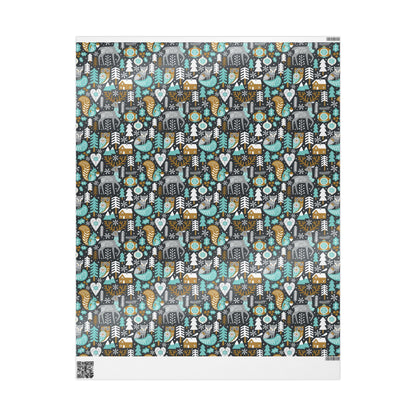 Folk Art Christmas Gift Wrapping Paper - Woodsy whimsical Animals - Folk Art Whimsy Gift Wrap