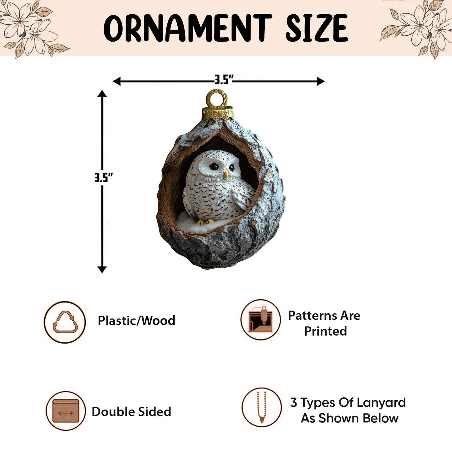 Owl 2D Flat Ornament, Snowy Owl Rearview Mirror Car Accessories, White Owl Christmas Ornament, Bird Ornament, Christmas Gift for Owl Lovers