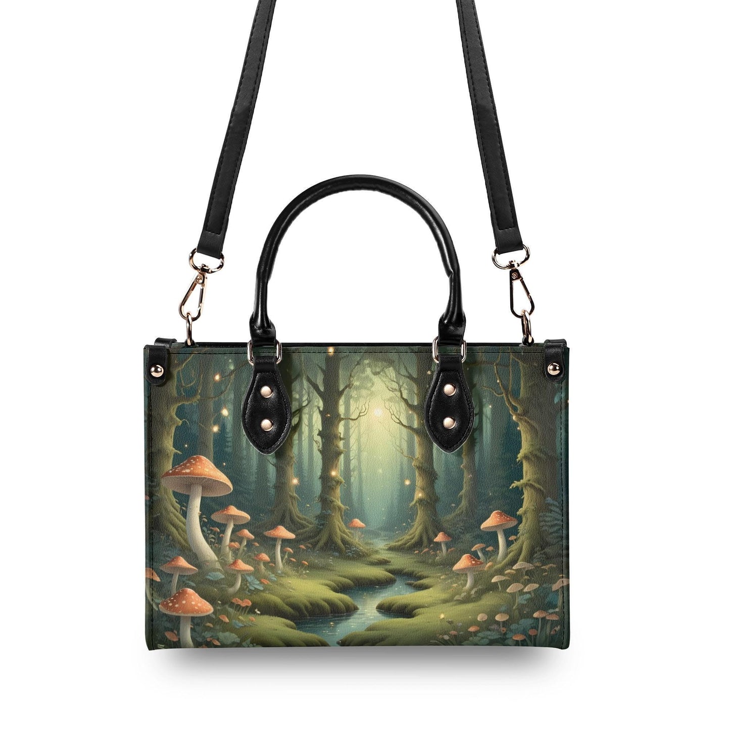 Sunlit Forest with Dappled Mushrooms Bag Cute Crossbody Bag Unique Purse Cute Purse, Luxury Bag Vegan Leather Bags Printed Designer Bag