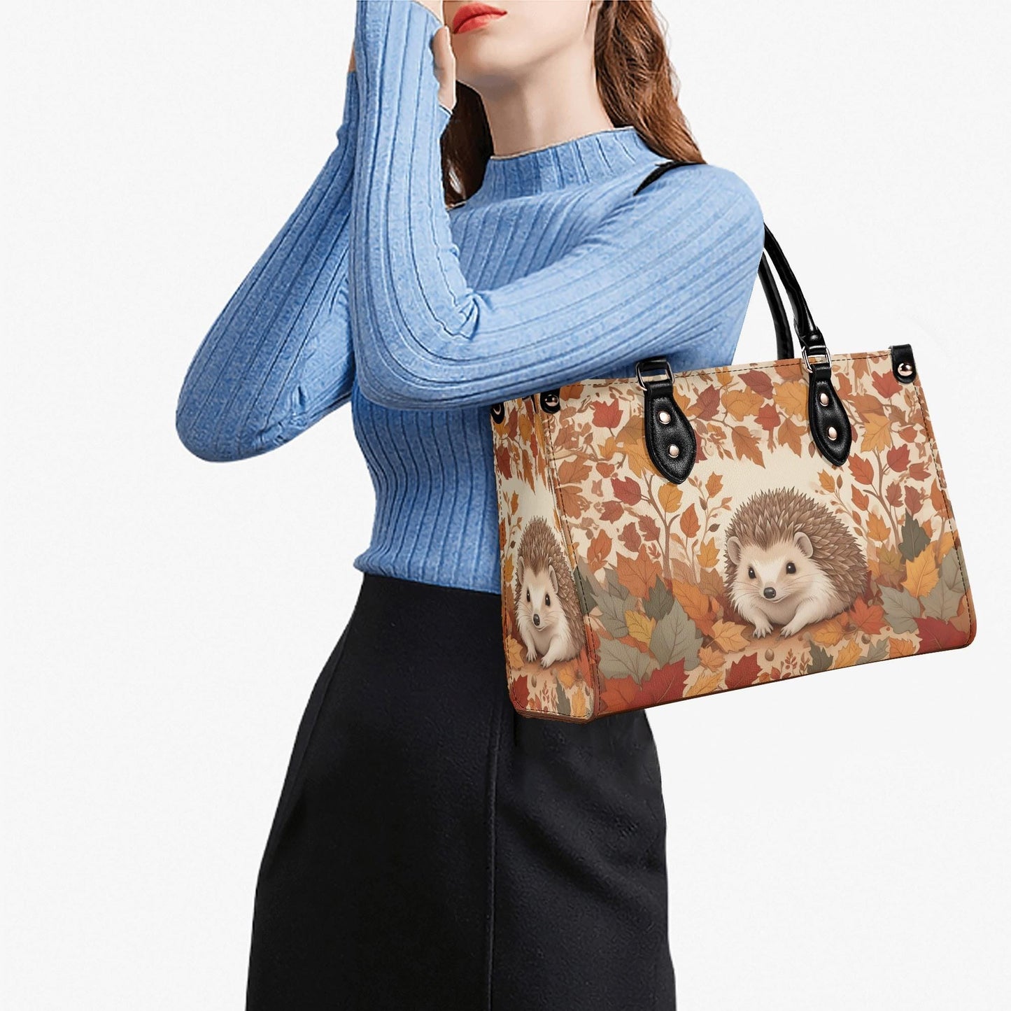 Little Hedgehog Crossbody Bag with Autumn Leaves - Nature-Inspired Vegan Leather Purse, Unique Gift for Women