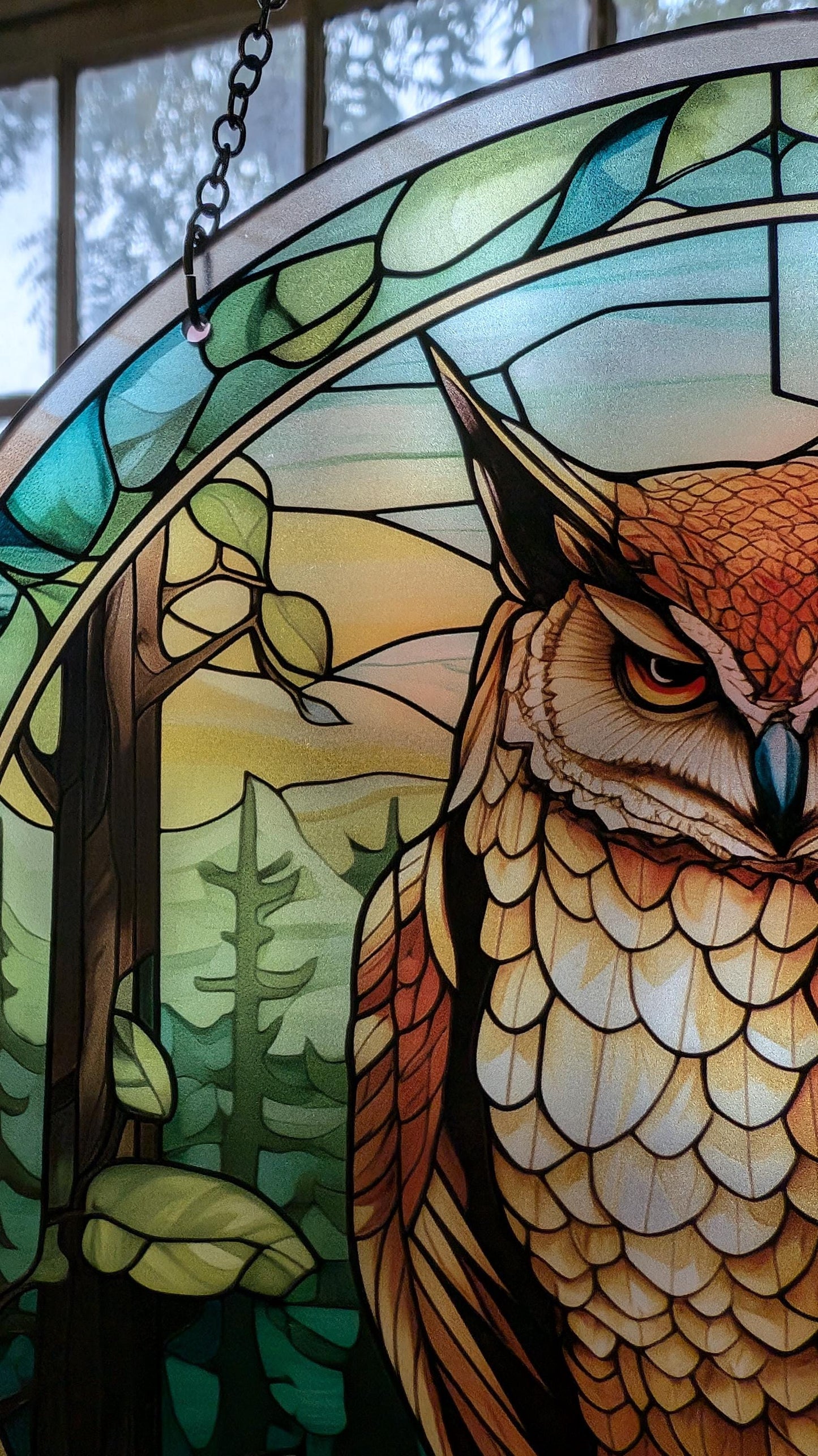 Forest Owl: Stained Glass Style Window Hanging