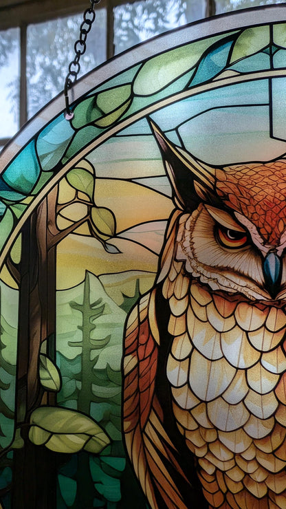 Forest Owl: Stained Glass Style Window Hanging