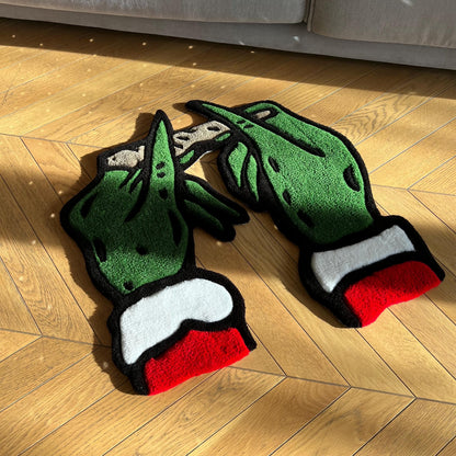 Grinch Christmas Themed Handmade Tufted Rug, Grinch Hands Rolling a Joint Carpet - Unique & Funny Christmas Gift for Friends