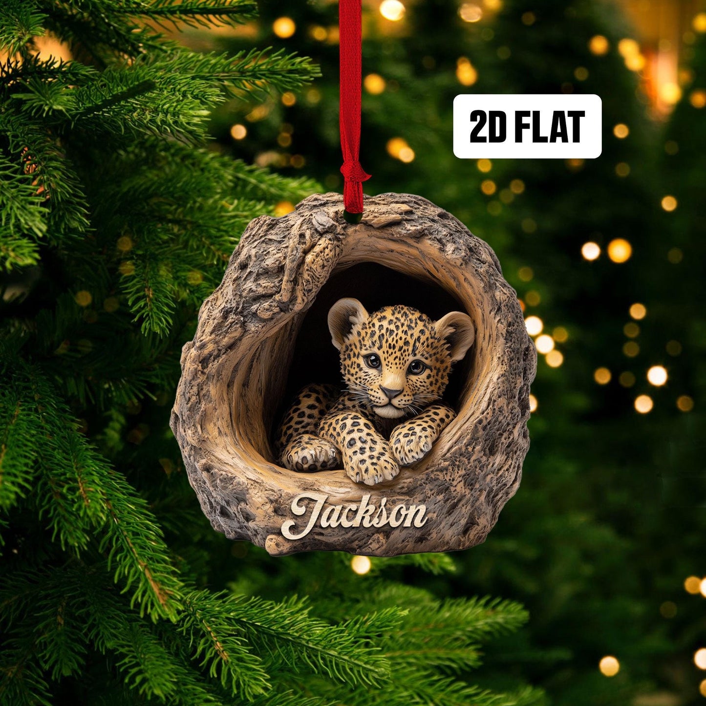 Personalized Leopard 2D Flat Ornament, Custom Name Christmas Tree Ornament, Leopard Baby Christmas Home Decor, Xmas Gift for Leopard Lover