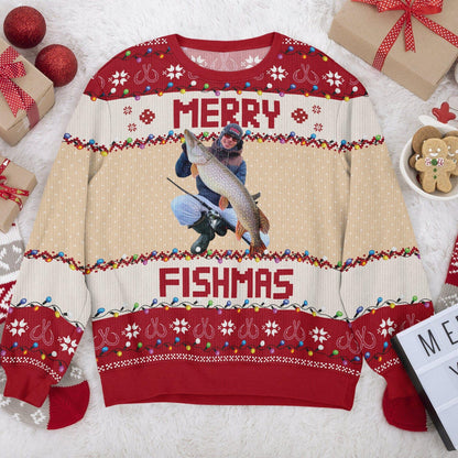 Custom Photo Christmas Ugly Sweater, Gift For Dad Family Photo Ugly Sweater Christmas Gifts Ugly Sweater, Go Fishing Lover, Merry Fishmas