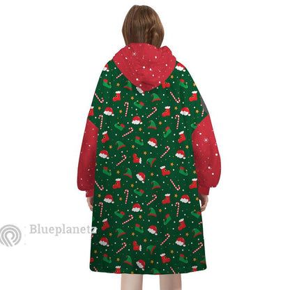 Custom Name Christmas Hoodies Blanket, Personalized Candy Cane Santa Hat Stocking Icons Wearable Hoodie Blanket, Christmas Oversized Blanket