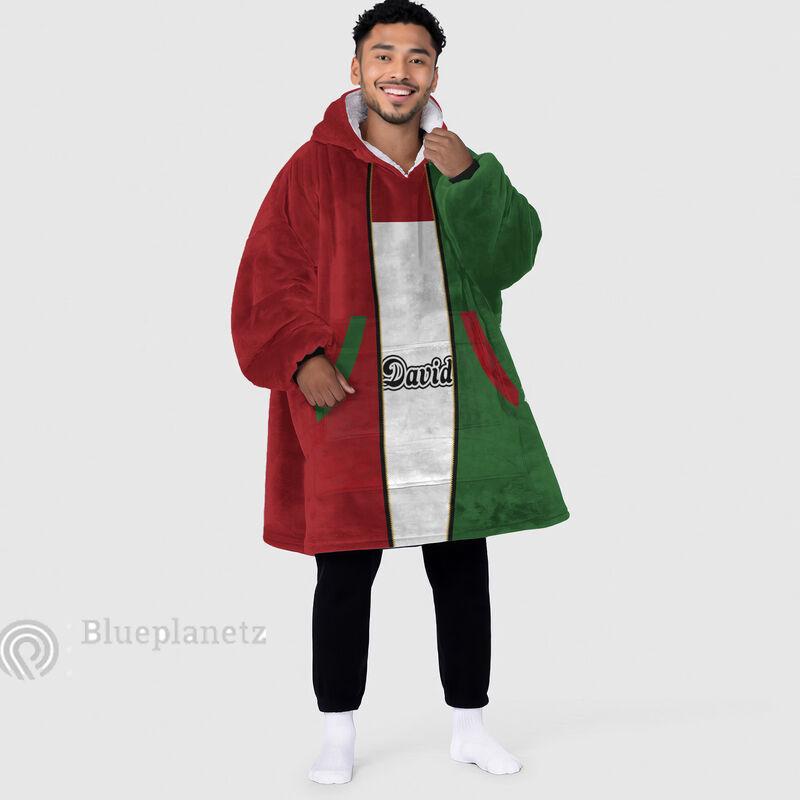 Custom Name Christmas Hoodies Blanket, Personalized Color Block Green Red White Christmas Wearable Hoodie Blanket, Oversized Blanket, Gift