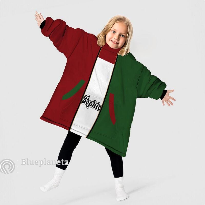 Custom Name Christmas Hoodies Blanket, Personalized Color Block Green Red White Christmas Wearable Hoodie Blanket, Oversized Blanket, Gift