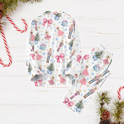 Nutcracker Coquette Christmas Pajamas Set, Pink Fairy Holiday Pajamas, Nutcracker Ballet Xmas Pajamas, Christmas Party Gift