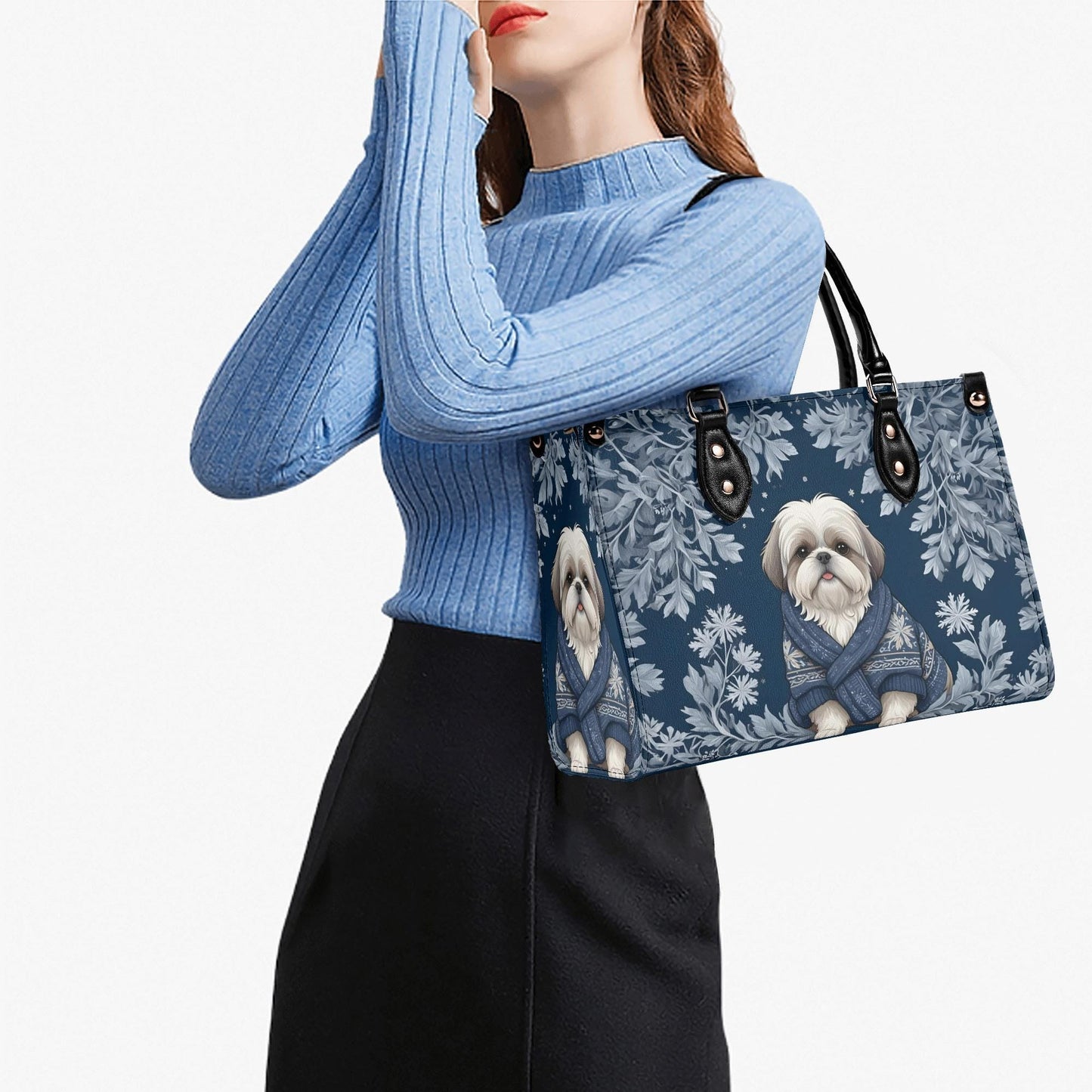 Shih Tzu Dog in Cozy Winter Sweater Bag Cute Crossbody Bag Unique Purse Cute Purse, Luxury Bag Vegan Leather Bags Printed Designer Bag