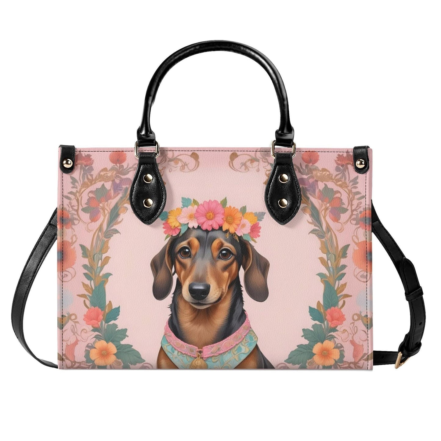 Dachshund Dog in Bohemian Flower Crown Bag Cute Crossbody Bag Unique Purse Cute Purse, Luxury Bag Vegan Leather Bags Printed Designer Bag