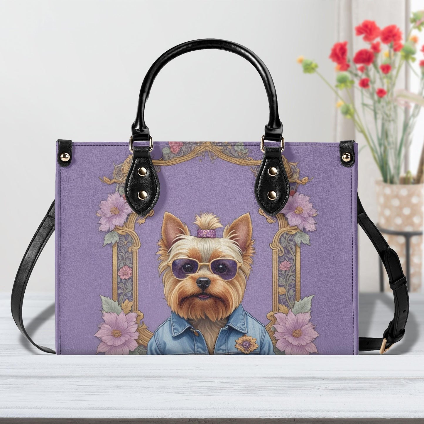 Yorkshire Terrier in Denim Jacket Crossbody Bag - Fun Vegan Leather Purse, Unique Dog Lover Gift