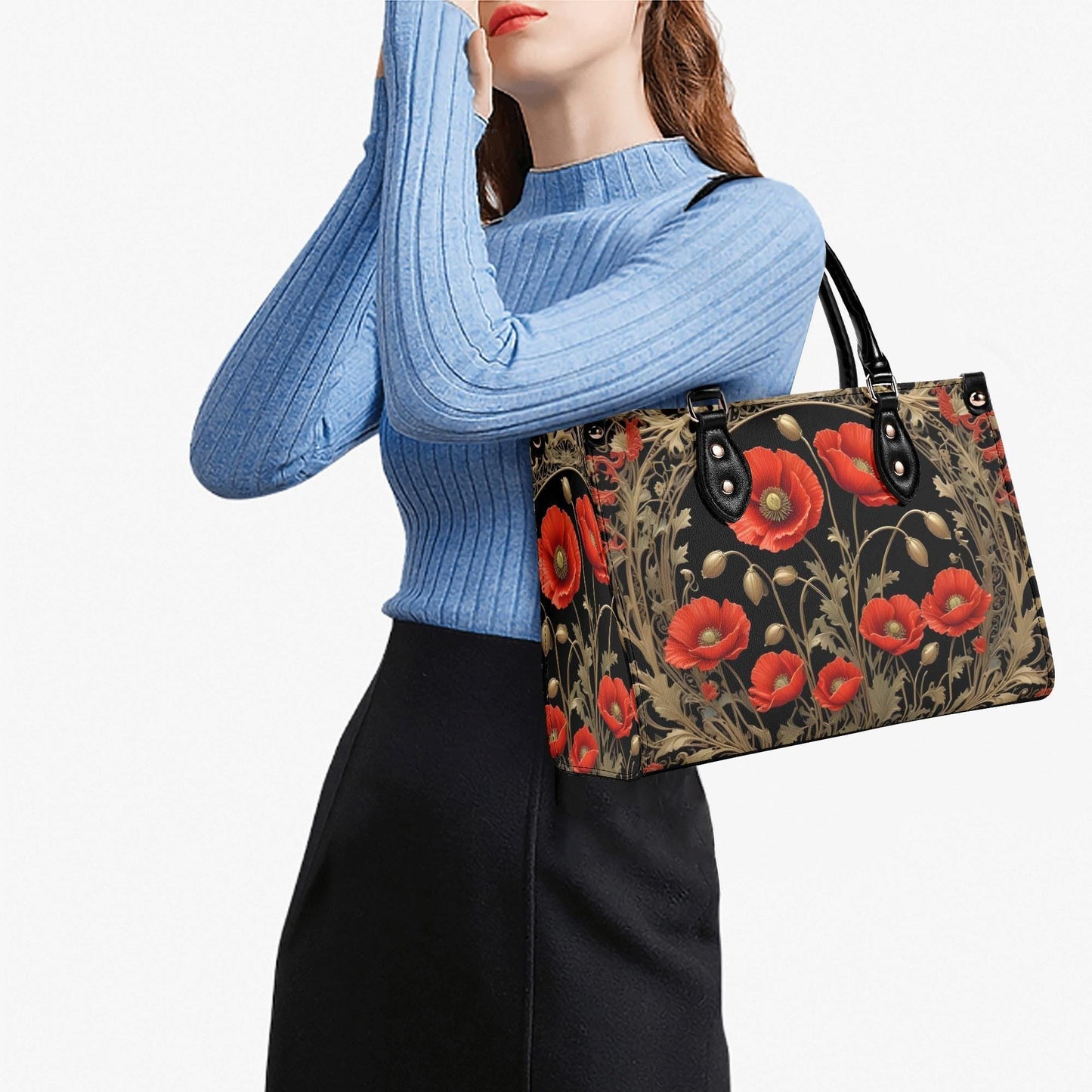 Golden Poppies Crossbody Bag - Floral Vegan Leather Designer Purse, Unique Gift for Women