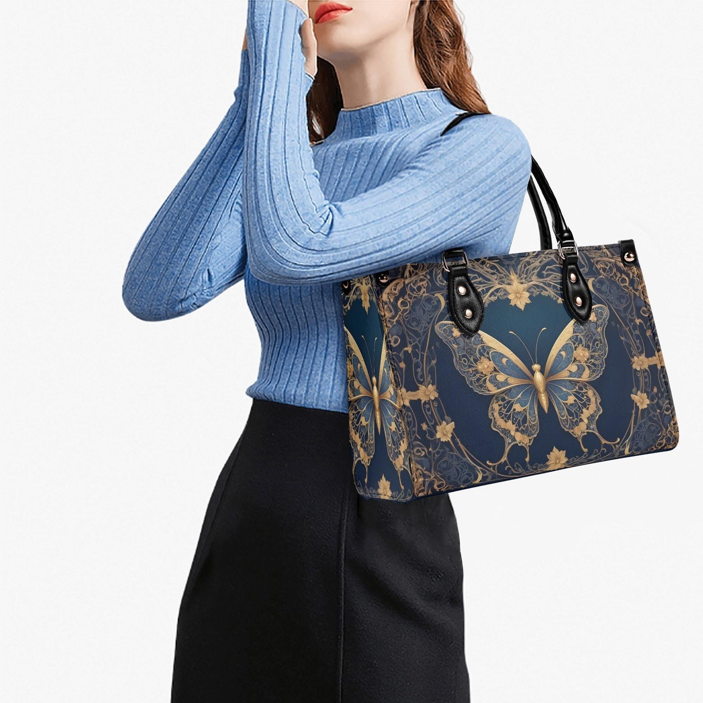 Golden Art Nouveau Butterfly Crossbody Bag - Nature-Inspired Vegan Leather Designer Purse, Unique Gift for Women