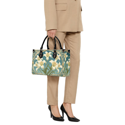 Ivory Lilies with Sky Blue Background Bag Cute Crossbody Bag Unique Purse Cute Purse, Luxury Bag Vegan Leather Bags Printed Designer Bag