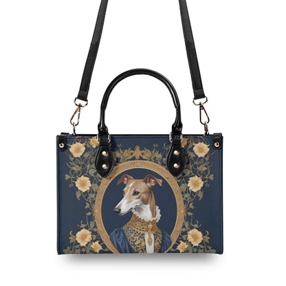 Elegant Greyhound Crossbody Bag in Golden Elizabethan Attire - Art Nouveau Vegan Leather Purse