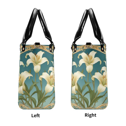 Ivory Lilies with Sky Blue Background Bag Cute Crossbody Bag Unique Purse Cute Purse, Luxury Bag Vegan Leather Bags Printed Designer Bag