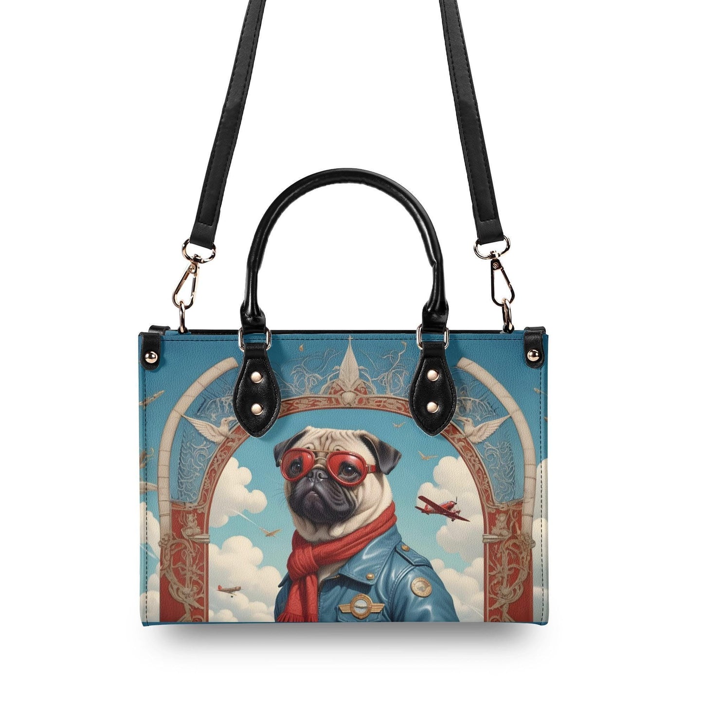Pug Dog in Aviator Outfit Bag Cute Crossbody Bag Unique Purse Cute Purse, Luxury Bag Vegan Leather Bags Printed Designer Bag