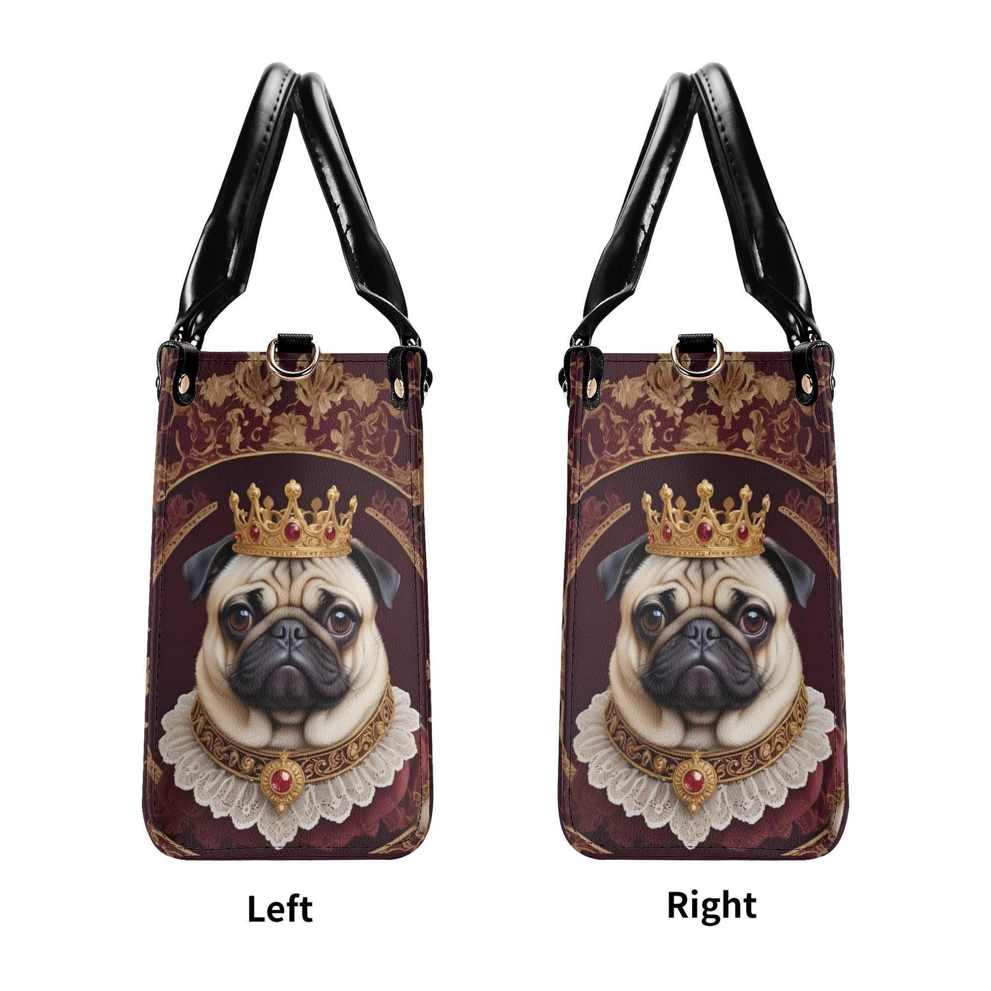 Royal Pug Crossbody Bag with Crown and Ruffled Collar - Art Nouveau Dog Portrait Vegan Leather Purse