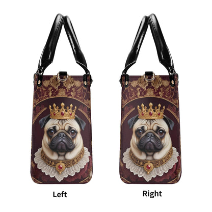 Royal Pug Crossbody Bag with Crown and Ruffled Collar - Art Nouveau Dog Portrait Vegan Leather Purse