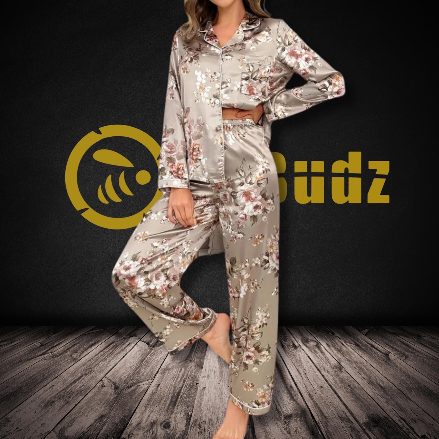Satin Women's Pajama Set, Champagne Floral Long Sleeve Shirt and Trousers, Luxurious Sleepwear and Loungewear, Gift Set for the Holidays.