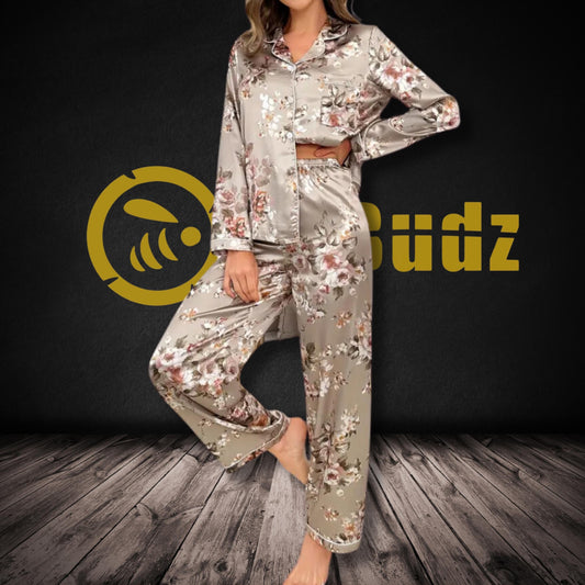 Satin Women's Pajama Set, Champagne Floral Long Sleeve Shirt and Trousers, Luxurious Sleepwear and Loungewear, Gift Set for the Holidays.