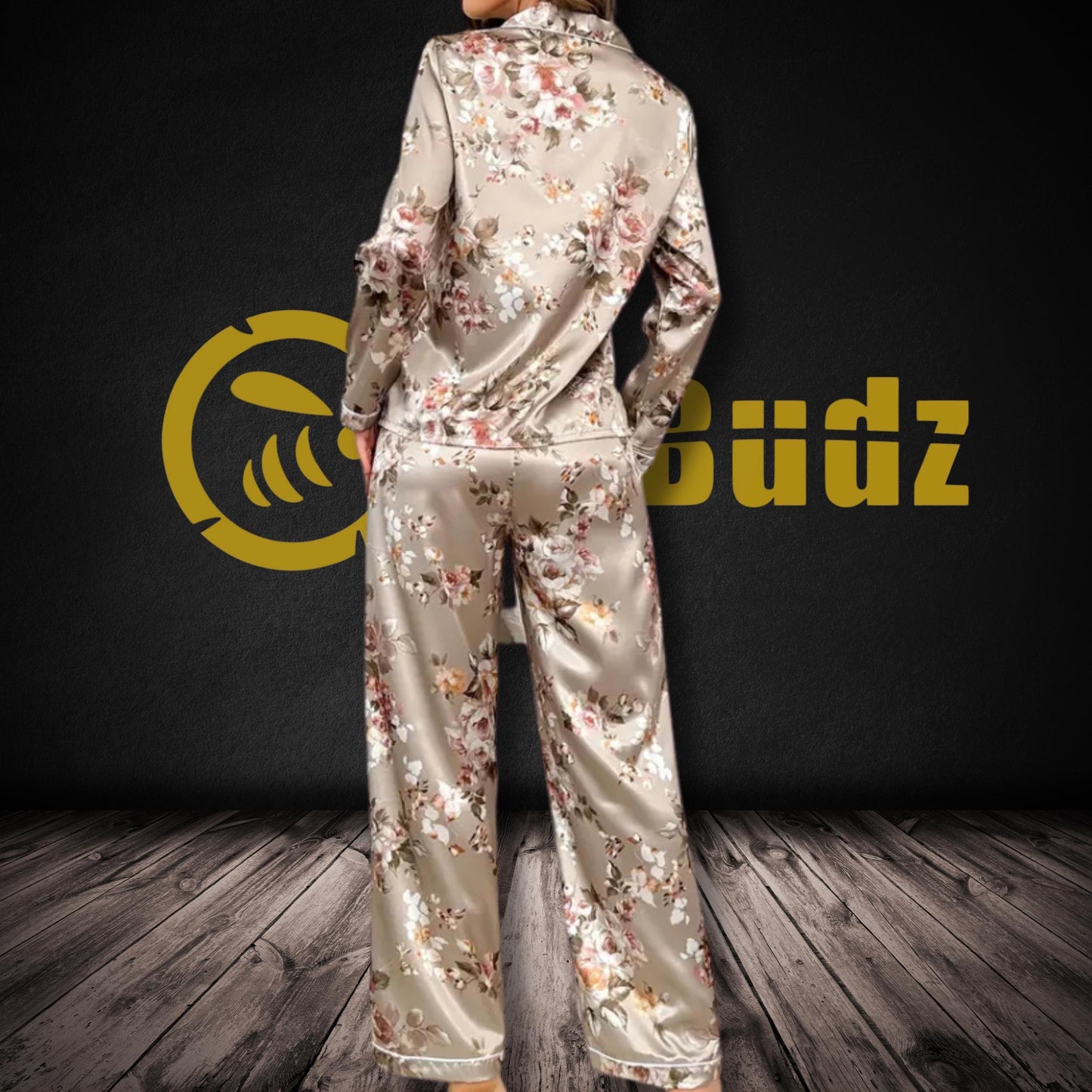 Satin Women's Pajama Set, Champagne Floral Long Sleeve Shirt and Trousers, Luxurious Sleepwear and Loungewear, Gift Set for the Holidays.