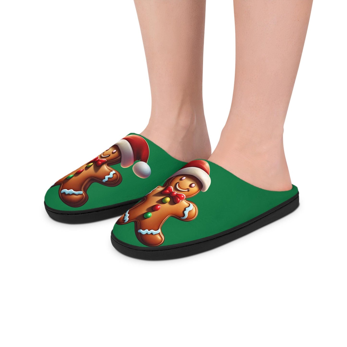 Christmas GingerbreadMan Green Women's Indoor Slippers FestiveHoliday Red SantaHat Design Comfy HouseShoes Gift-Christmas-giftful CozyGift