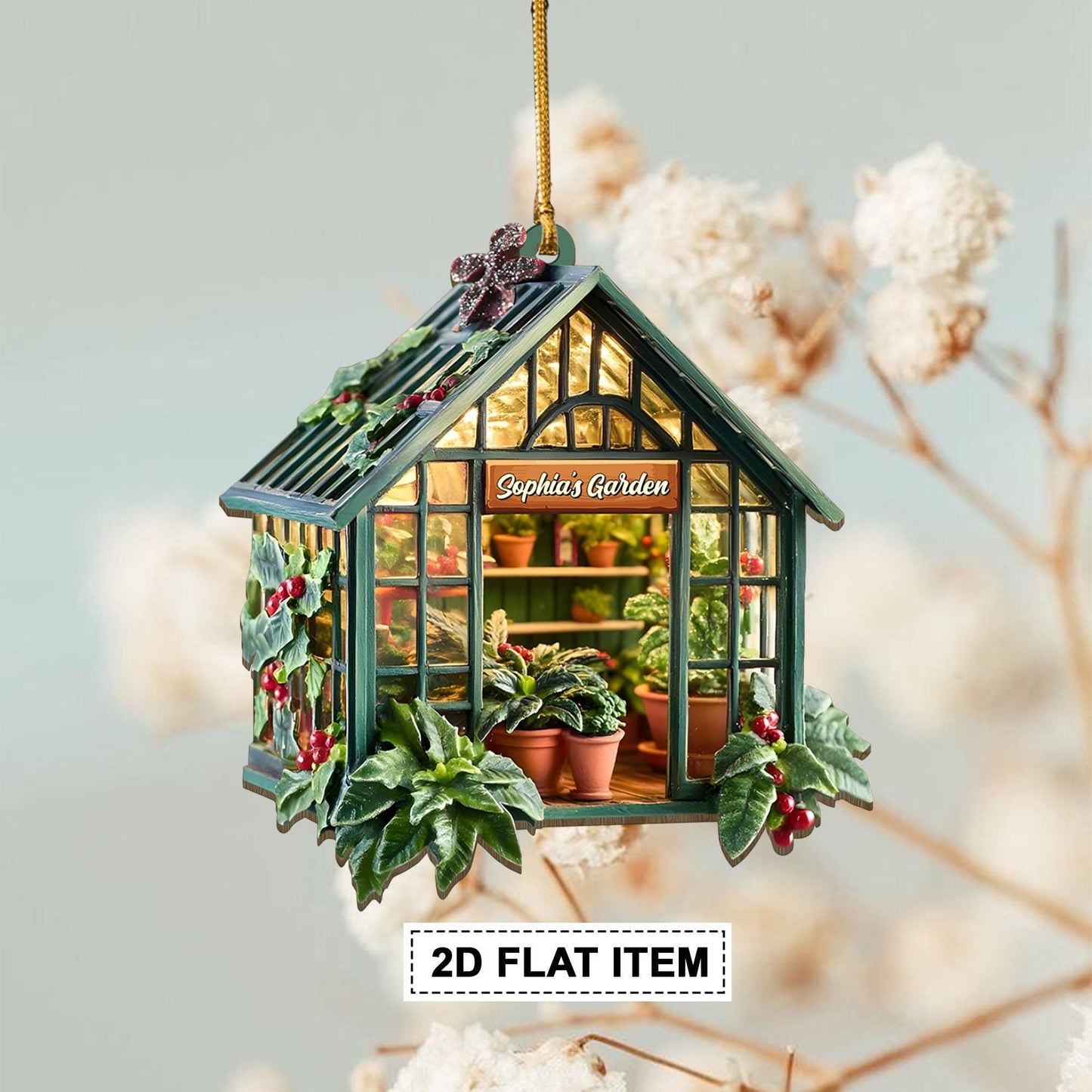 Personalized Greenhouse Christmas Tree Ornament, Gift for Plant Lovers, Garden House Ornament, Greenhouse 2D Flat Ornament, Plants Grow Gift