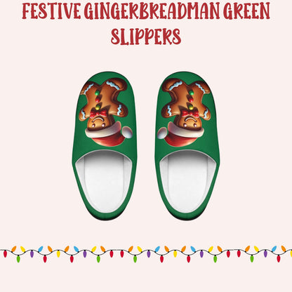 Christmas GingerbreadMan Green Women's Indoor Slippers FestiveHoliday Red SantaHat Design Comfy HouseShoes Gift-Christmas-giftful CozyGift