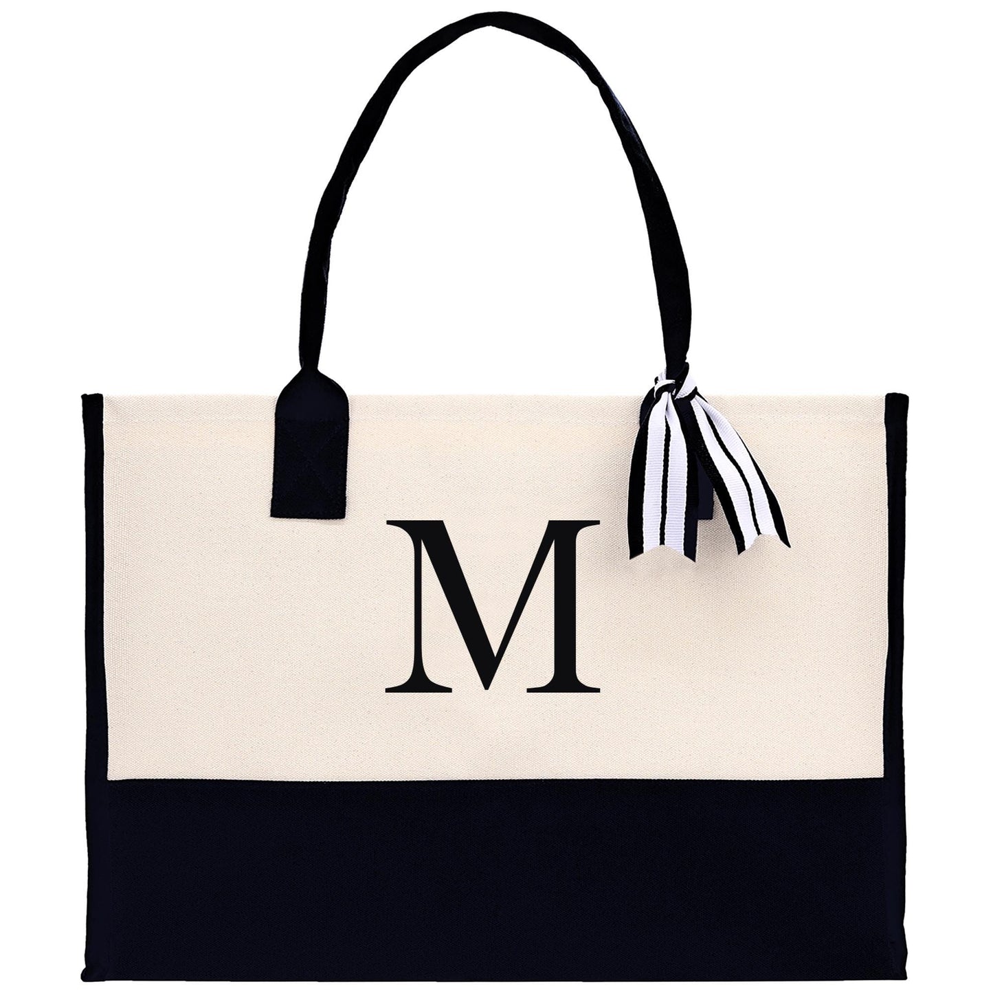 Personalized Monogram Embroidery Cotton Canvas Beach Tote Bag Initial Tote Bridesmaid Gift Tote Custom Beach Bag Gift for Her A-Z - Black