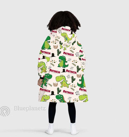 Custom Name Hoodies Blanket, Personalized Dino Wearable Hoodie Blanket, Christmas Oversized Blanket, Christmas Gift Kid Adult Blanket Hoodie