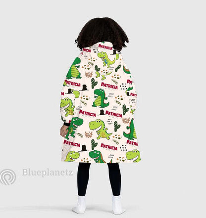 Custom Name Hoodies Blanket, Personalized Dino Wearable Hoodie Blanket, Christmas Oversized Blanket, Christmas Gift Kid Adult Blanket Hoodie