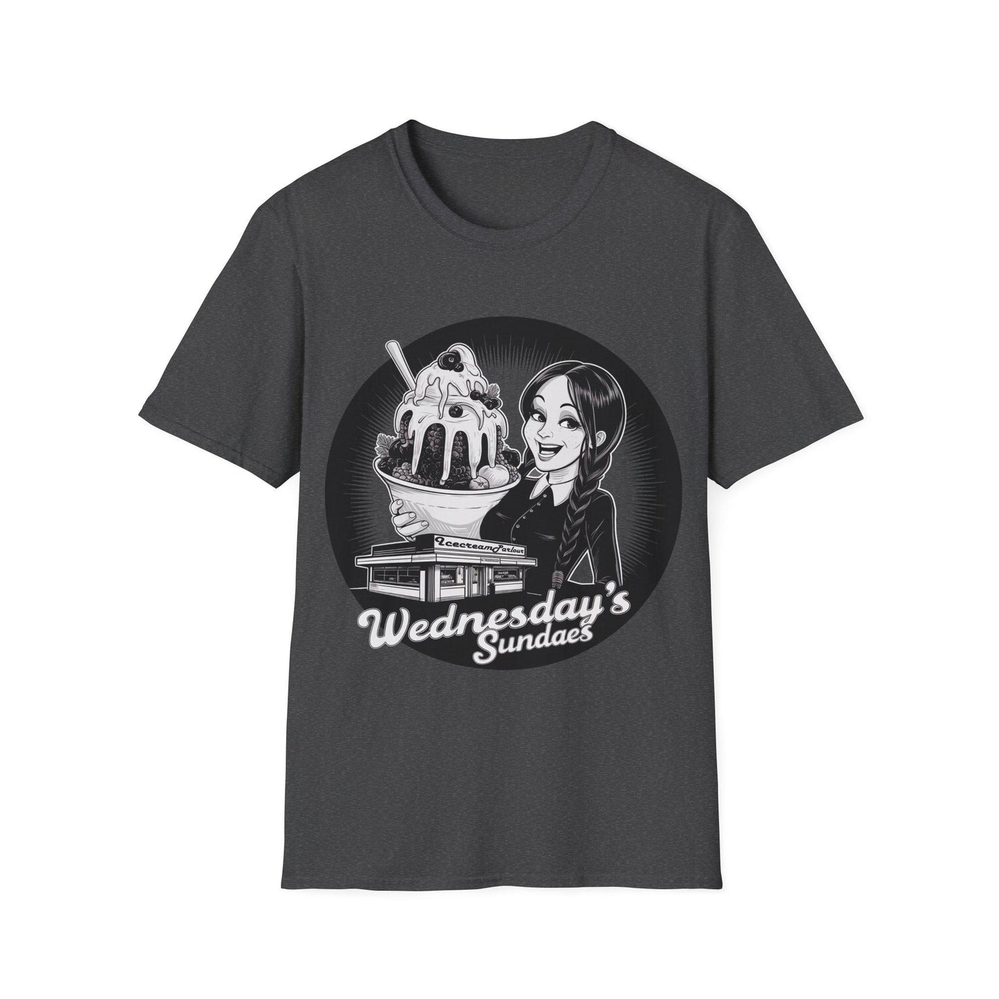 Retro icecream vendor T-shirt, ideal gift for Wednesdays child, Americana design style, cool monochrome image, birthday gift for Wednesdays