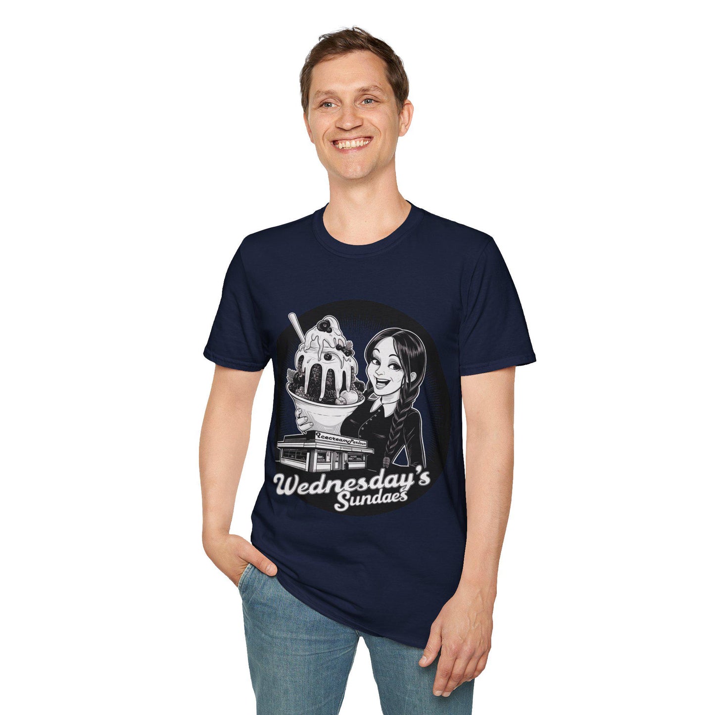 Retro icecream vendor T-shirt, ideal gift for Wednesdays child, Americana design style, cool monochrome image, birthday gift for Wednesdays