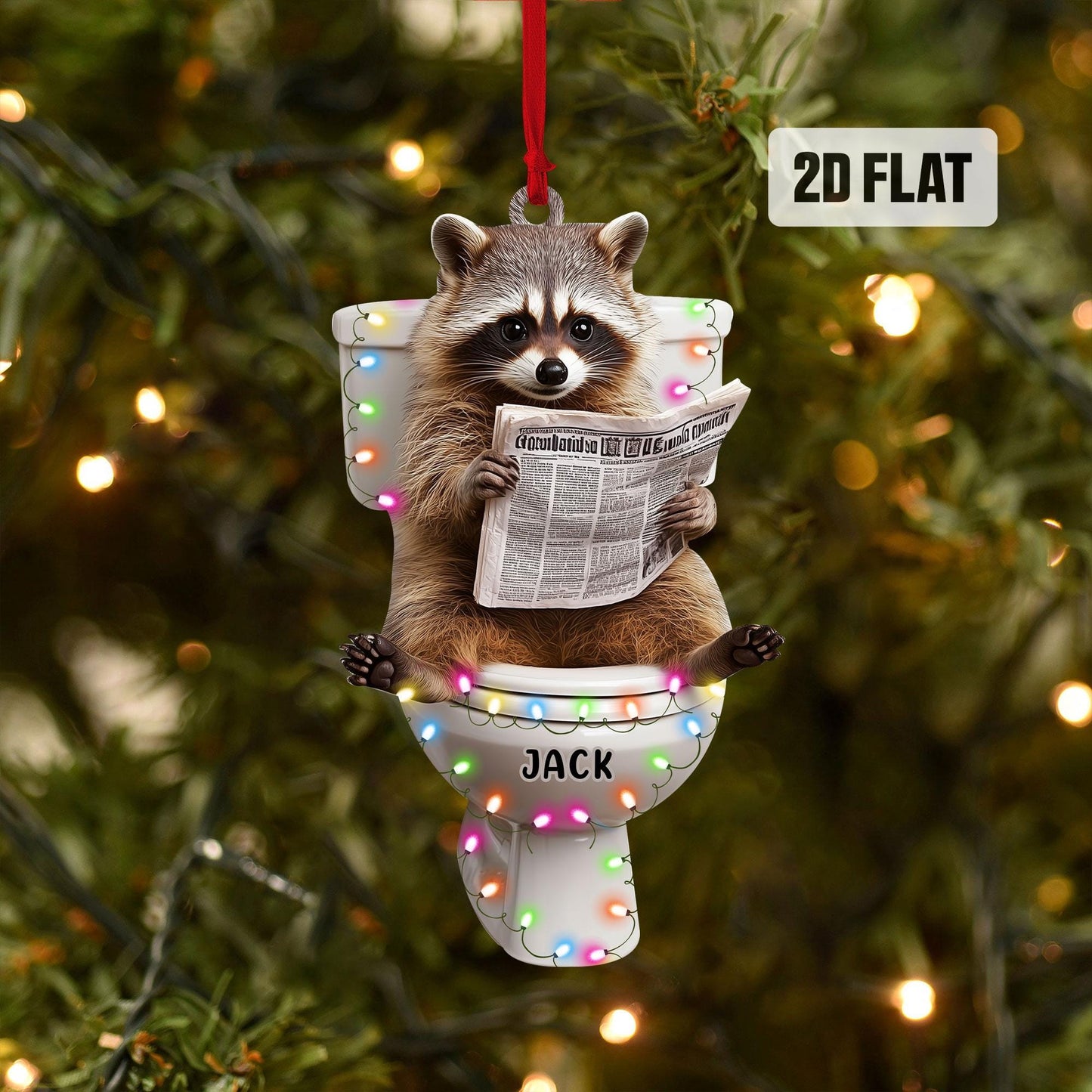 Personalized Racoon 2D Flat Ornament, Racoon Sitting on the Toilet Ornament, Funny Christmas Home Decor, Animal Lover, Racoon Lover Gifts