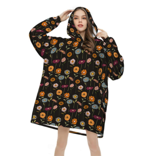 Wildflower Blanket Hoodie, Boho Witchy Black Hooded Jumper, Winter Fall Accessory
