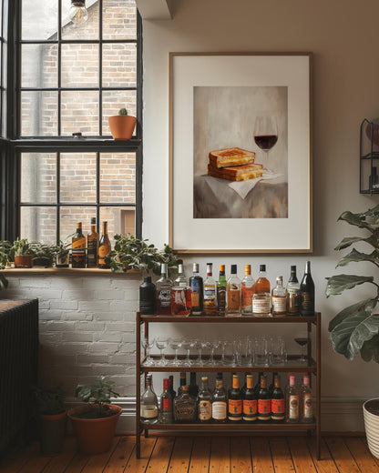 Grilled Cheese and Red Wine Art Print | Cute Quirky Whimsical | Cocktail Art Bar Cart Decor | Grilled Cheese Art Gift | Trendy Home Wall Art