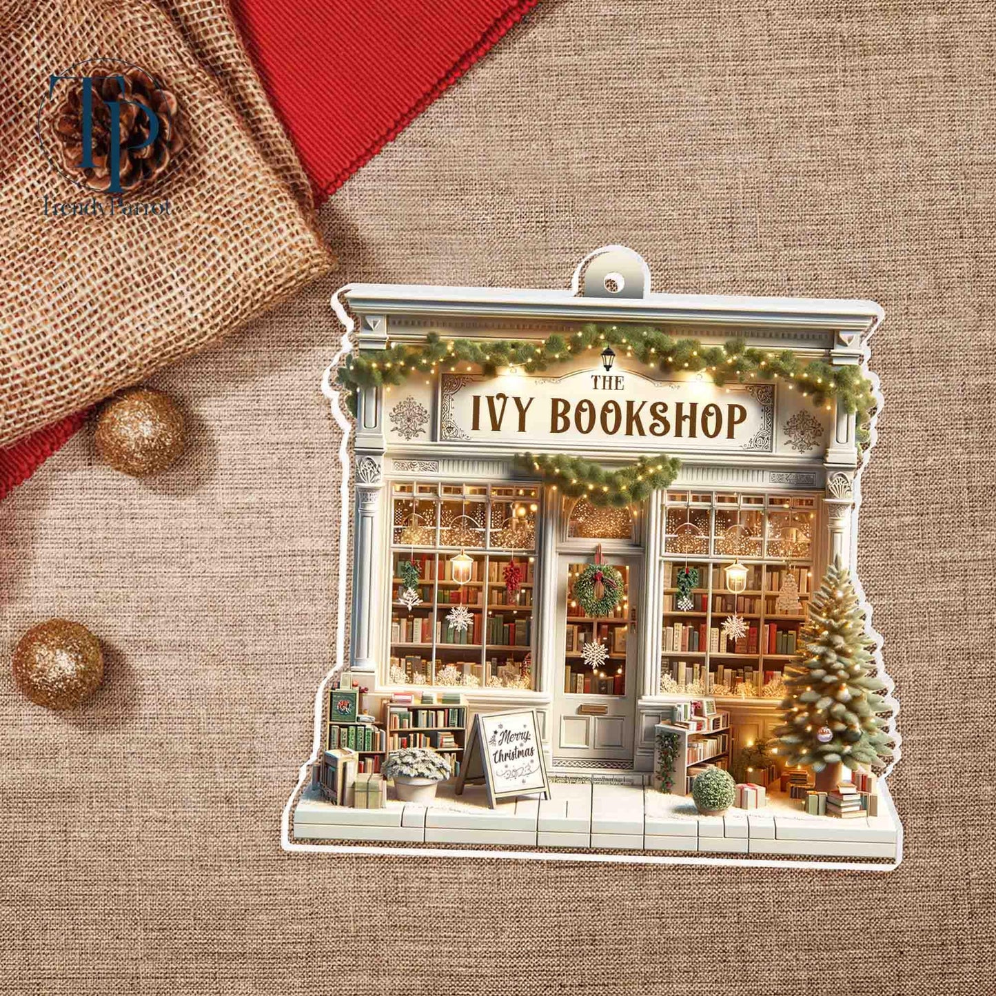 Personalized Book Store Acrylic 2D Flat Ornament Not 3D, Custom Name Bookshop Ornament, Christmas Bookstore Ornament For Book Lovers Gifts