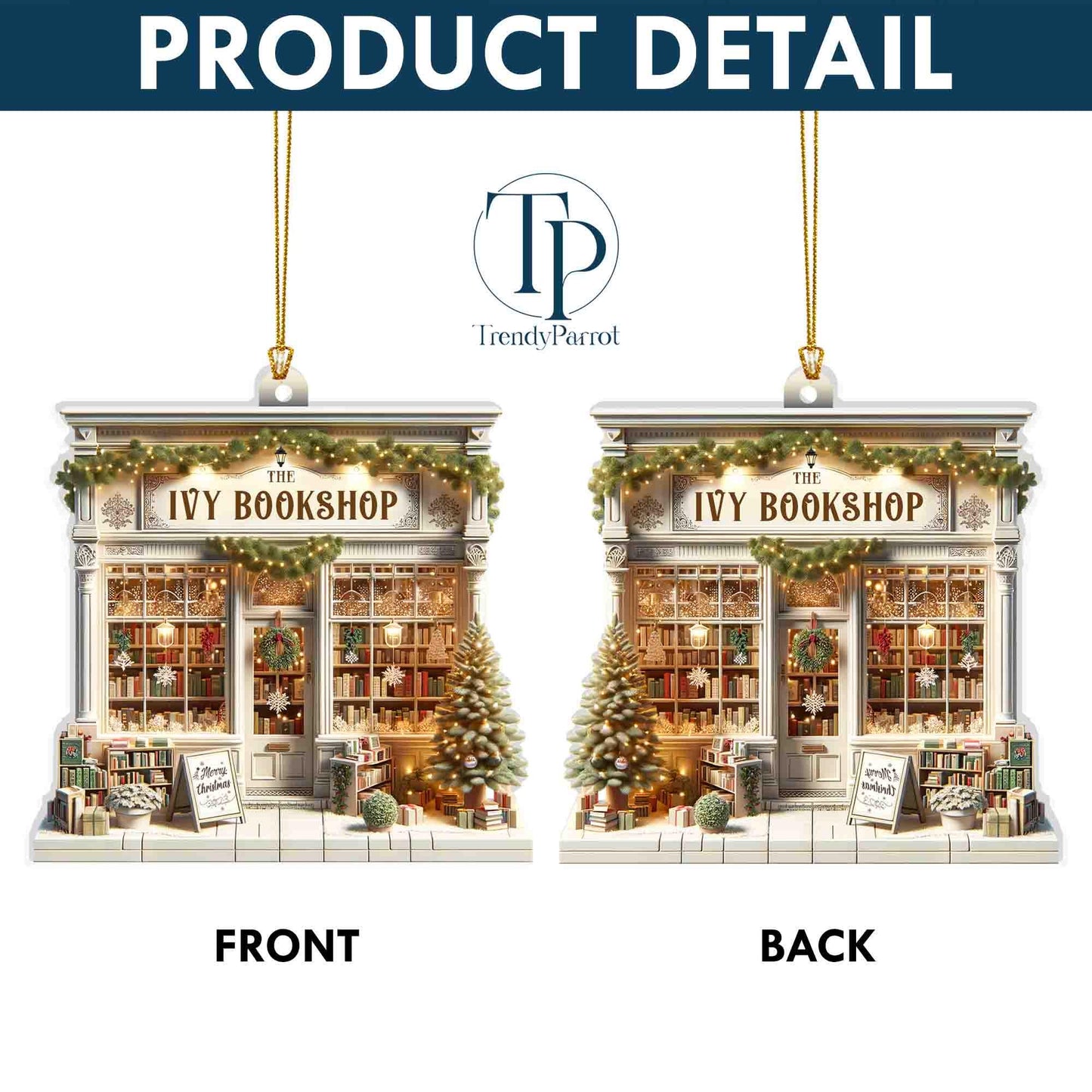 Personalized Book Store Acrylic 2D Flat Ornament Not 3D, Custom Name Bookshop Ornament, Christmas Bookstore Ornament For Book Lovers Gifts