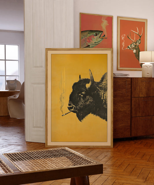 Bison Smoking a Cigarette Vintage Poster Art Funny Buffalo Retro Whimsical Print Cabin Wall Decor Outdoor Sports Hunter Illustration
