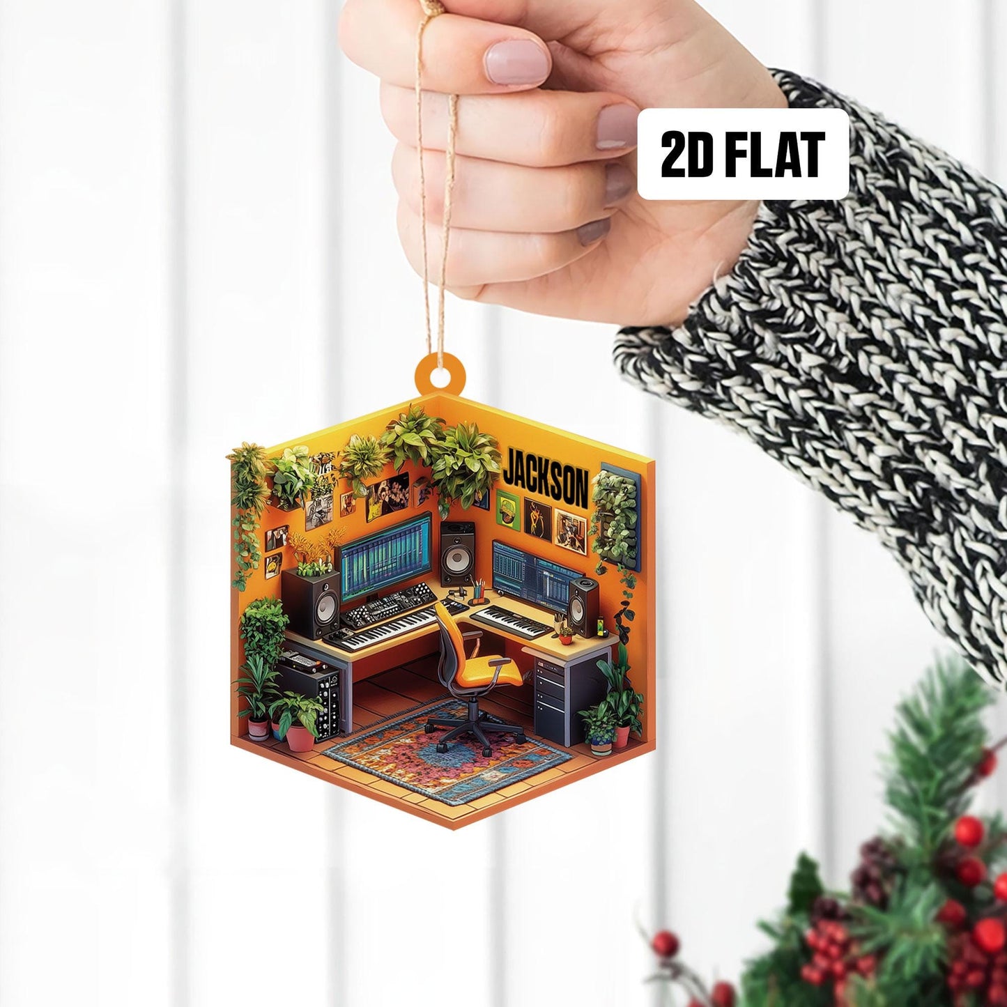 Personalized Music Room 2D Flat Ornament, Custom Christmas Ornament, Music Room Ornament, Music Studio Ornament, Musician Christmas Gift