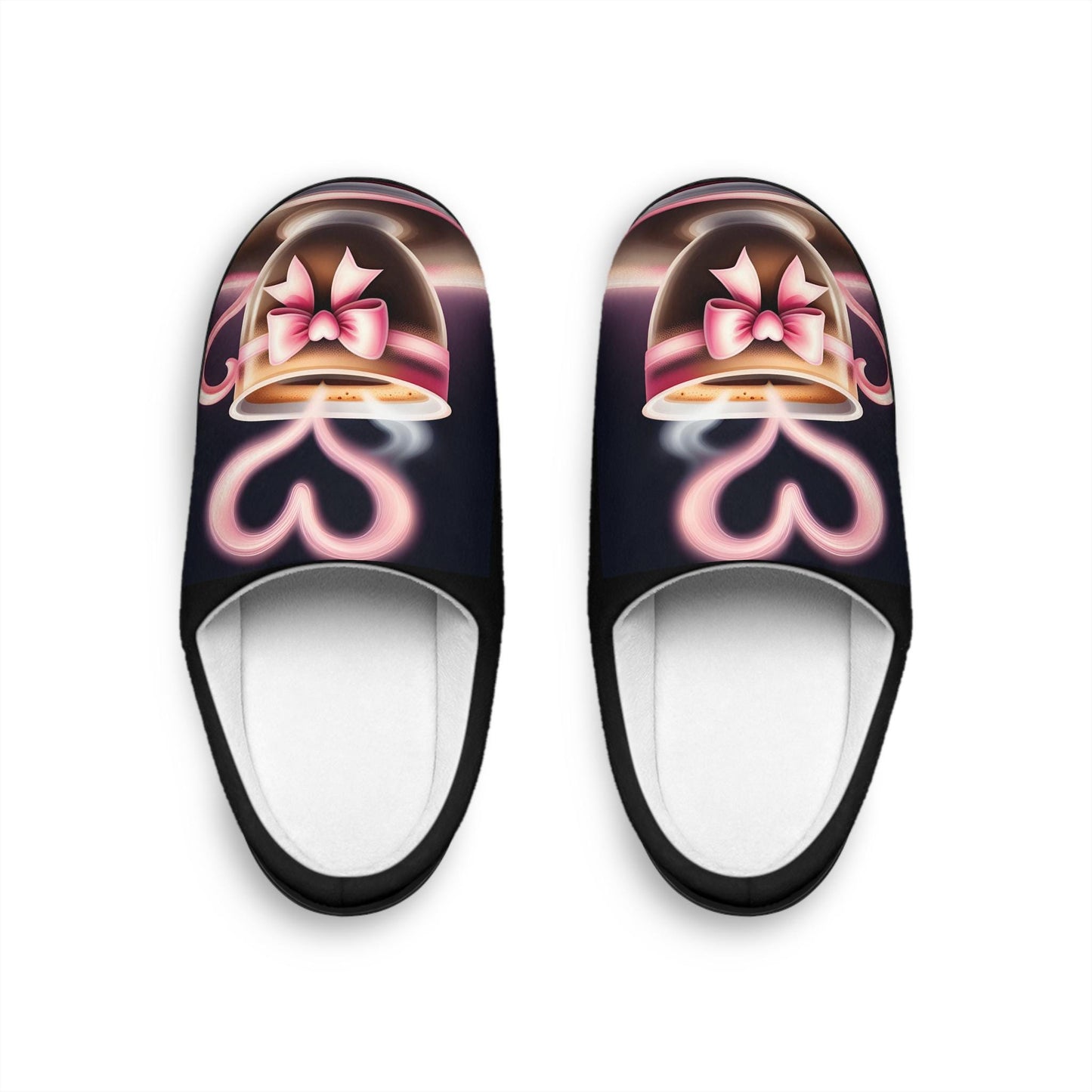 Blackand Pink Slippers Cute PinkBow Mini Coffee Cup Women's Indoor Shoes, Cozy House Footwear, Warm House Slides, Soft Bedroom Slippers
