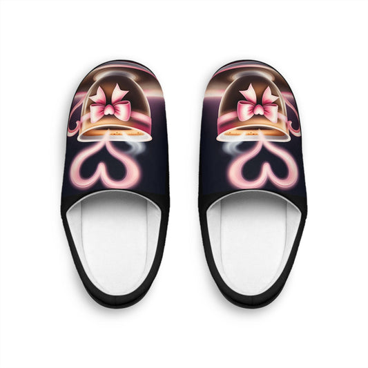 Blackand Pink Slippers Cute PinkBow Mini Coffee Cup Women's Indoor Shoes, Cozy House Footwear, Warm House Slides, Soft Bedroom Slippers
