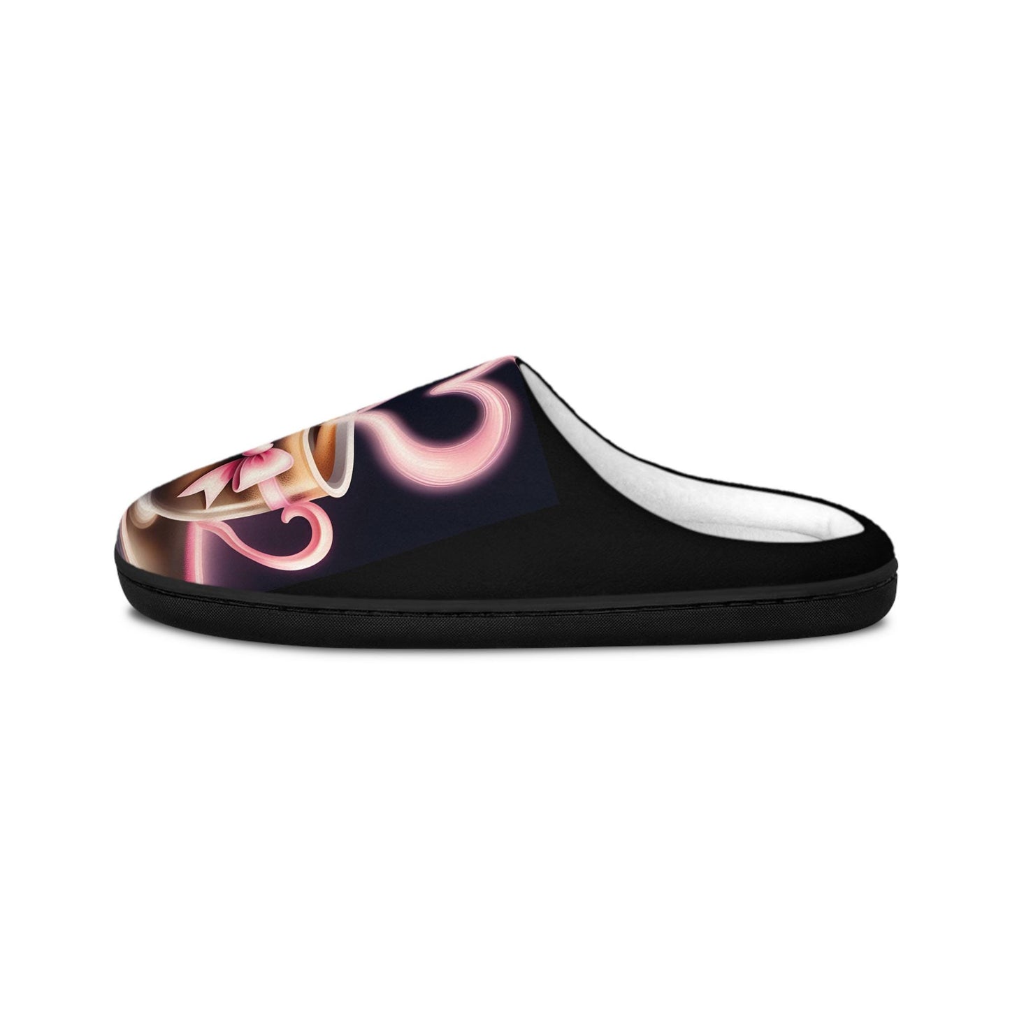 Blackand Pink Slippers Cute PinkBow Mini Coffee Cup Women's Indoor Shoes, Cozy House Footwear, Warm House Slides, Soft Bedroom Slippers