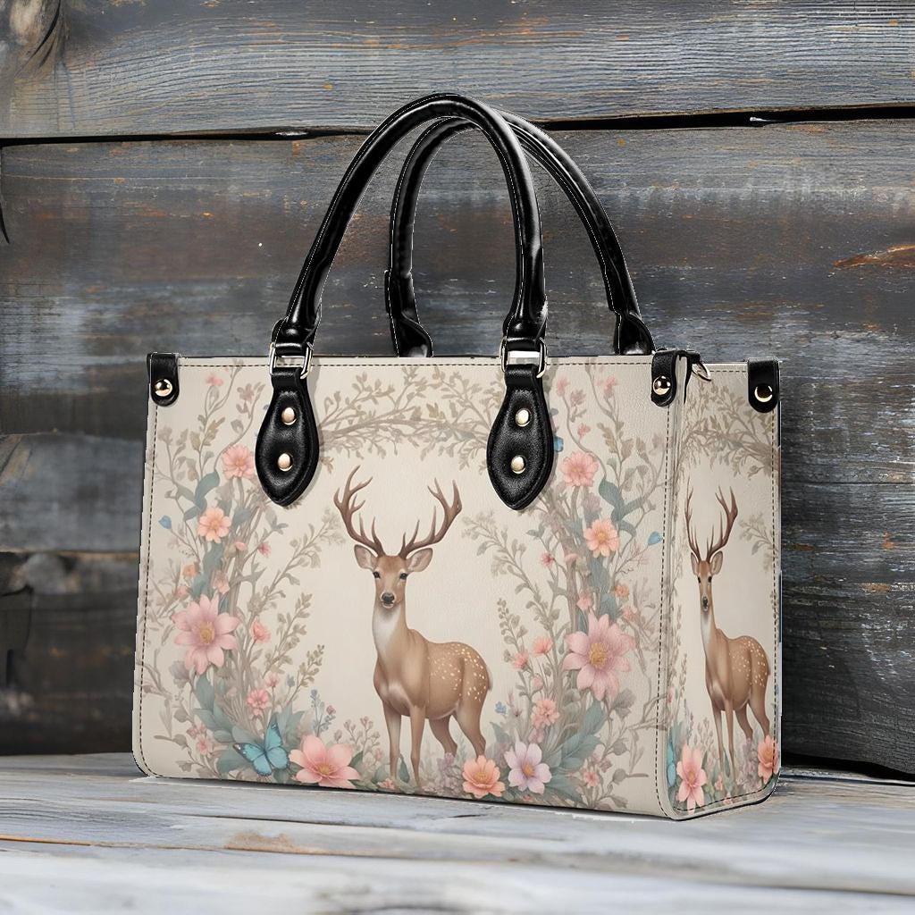 Deer with Floral Crossbody Bag - Nature-Inspired Vegan Leather Purse, Unique Gift for Women