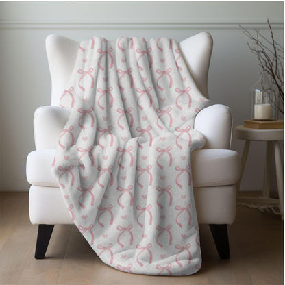 Coquette Pink Bows Blanket Hearts Valentine's Day Fleece Throw Pink Coquette Home Decor Pink Bow Lovers Christmas Gift for Family Friends
