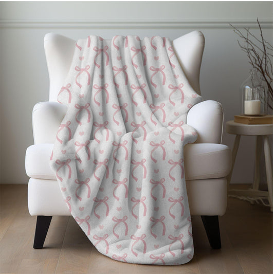 Coquette Pink Bows Blanket Hearts Valentine's Day Fleece Throw Pink Coquette Home Decor Pink Bow Lovers Christmas Gift for Family Friends